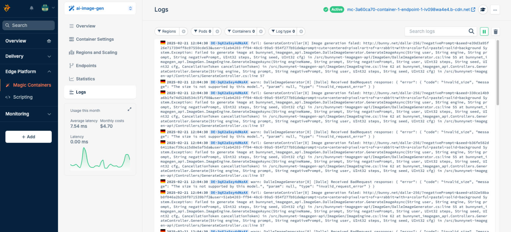 Magic Containers Realtime Logging